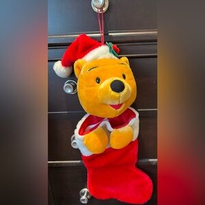 Winnie the Pooh Red Christmas Stocking Plush Head Santa Hat Holiday Disney 19”